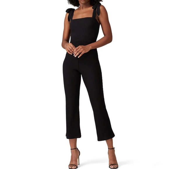 Reformation Wesley black ribbed square neck tie straps cropped jumpsuit - Picture 3 of 12